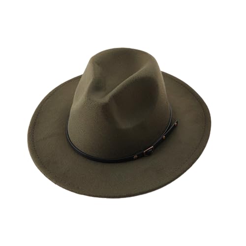 Unisex Womens Mens Adjustable Classic Wide Brim Belt Buckle Fedora Hat Felt Panama Hat Church Jazz Cap - color: Army Green, size: Medium-Large