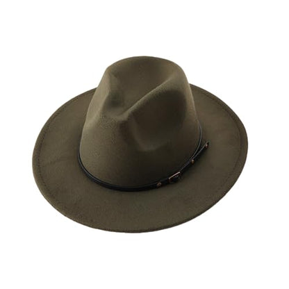 Unisex Womens Mens Adjustable Classic Wide Brim Belt Buckle Fedora Hat Felt Panama Hat Church Jazz Cap - color: Army Green, size: Medium-Large