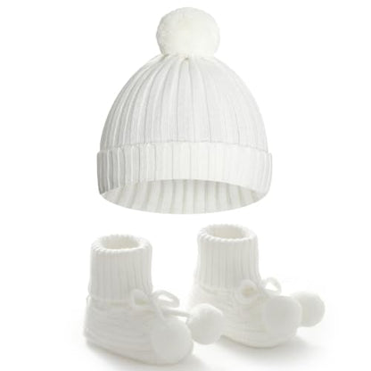 Baby Hats and Booties Set Newborn Knit Pompom Beanie Caps Shoes Winter - color: White
