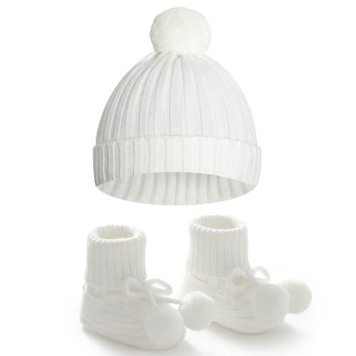 Baby Hats and Booties Set Newborn Knit Pompom Beanie Caps Shoes Winter - color: White