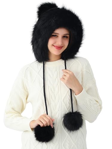 LA CARRIE Women's Faux Fur Hat with 3 Pom Pom for Cold Winter SKI Earflaps - color: Black