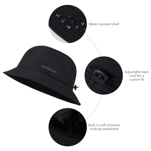 BASSDASH UPF50+ Fishing Bucket Hat for Men Women Lightweight Water Resistant Packable Outdoor Summer Sun Hats FH13 - color: Black