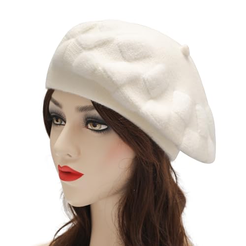 ZLYC Women French Beret Hat Reversible Solid Color Knit Warm Artist Cap - color: Checkered White