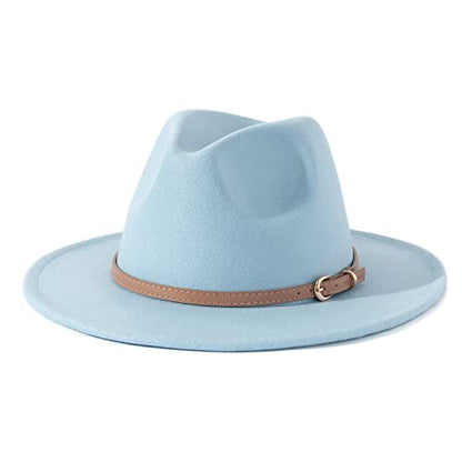 Lisianthus Women Classic Felt Fedora Wide Brim Hat with Belt Buckle - color: Light Sky Blue