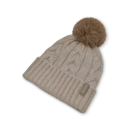 Calvin Klein Women's Cable Knit Beanie with Faux Fur Pom - color: Heathered Almond