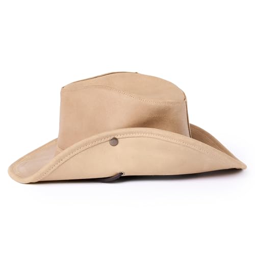 Minnetonka Unisex Aussie Leather Hat with Adjustable Chin Strap - color: Tan, size: Large