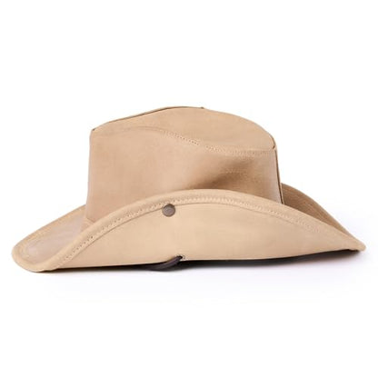 Minnetonka Unisex Aussie Leather Hat with Adjustable Chin Strap - color: Tan, size: Medium