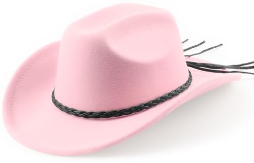 DRESHOW Western Cowboy Hat for Men Women Cowboy Cowgirl Hat Outdoor Wide Brim Retro Felt Fedora Hats Unisex Rolled up Caps - color: 1 Pack Style 8: Light Pink