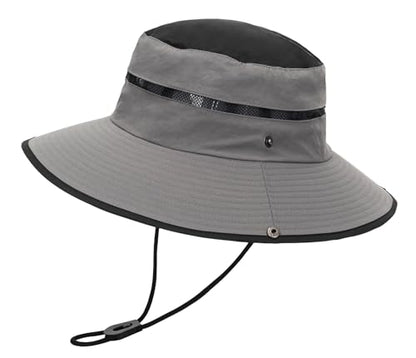 Men's Beach-Sun-Hat Wide-Brim Sun-Protection-Fishing Hat Outdoor Boonie Hat - color: Grey and Black