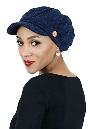 Newsboy Cap for Women Cancer Headwear Chemo Hat Ladies Head Coverings Tweed Corduroy Chenille - color: Navy