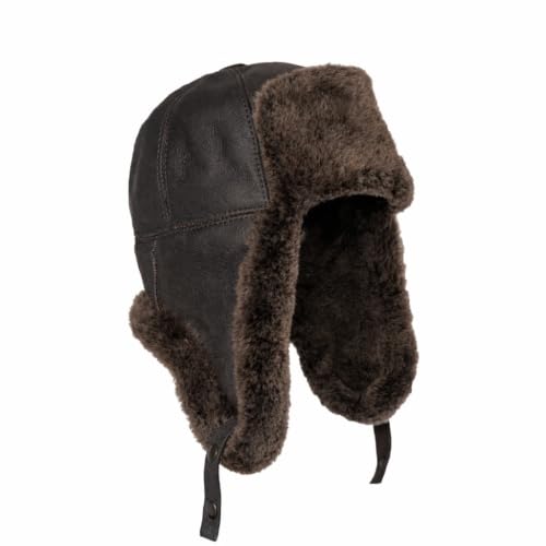 Leather Aviator Russian Ushanka Trapper Shearling Sheepskin Fur Ear Flap Waterproof Winter Hat - color: Brown, size: XX-Large