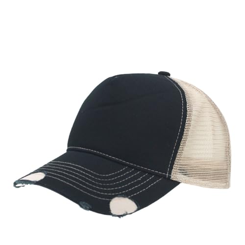 The Vintage Year Plain Cotton Structured Mesh Adjustable Trucker Sports Baseball Cap - color: Distressed Black/Khaki