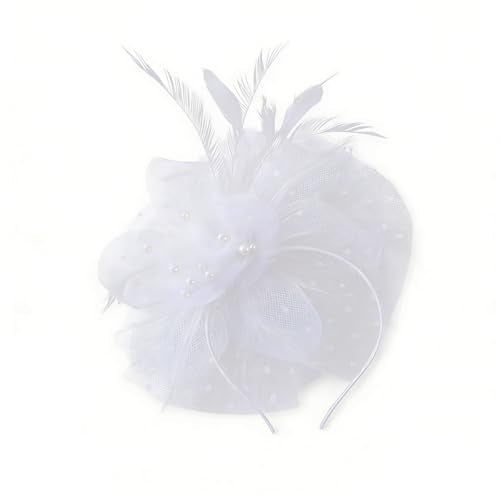 Fascinator Headband - Vintage Tea Party Hat with Feathers & Mesh for Women Derby Hats Wedding Flower Feathers Hair Clip - color: White