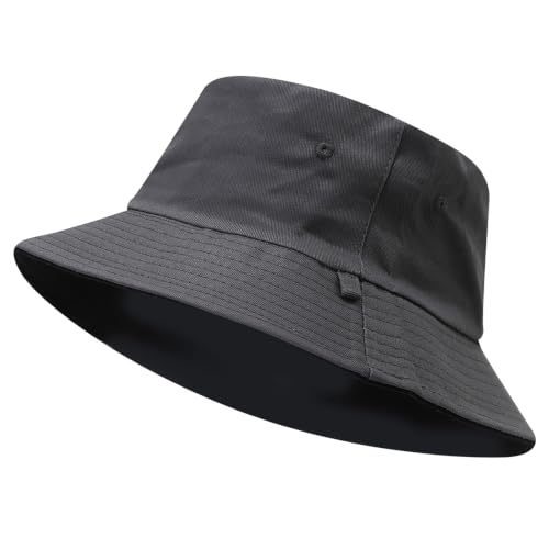 XXL Oversized Reversible Bucket Hat Beach Fisherman Sun Cap with Chin Strap for Women Men - color: Dark Grey Black