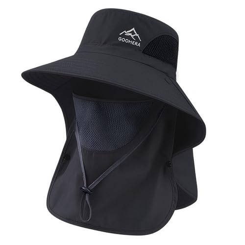 Sun Hat for Men & Women, Breathable Wide Brim Outdoor Fishing Hat with Face Cover & Neck Flap - color: Black