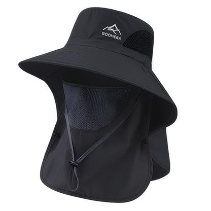Sun Hat for Men & Women, Breathable Wide Brim Outdoor Fishing Hat with Face Cover & Neck Flap - color: Black