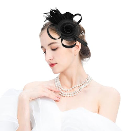 Tulle Flower Fascinators Hats for Women 2025 Derby Outfits for Women Tea Party Derby Hats - color: Black