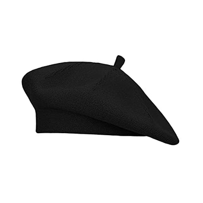 Gllutt Beret Hat French Style Stretchy Knitting Solid Color Both Side Usable - color: Black