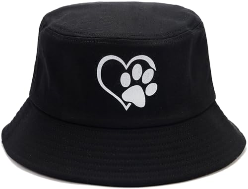Bucket Hat Beach Sun Hat Fishing Hat for Women Men, Summer Outdoor Travel Packable Fisherman Hat - color: Heart Dog Paw Black