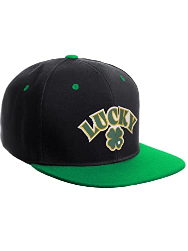 Daxton Classic Snapback St.Patrick Day 3D Lucky Clover Flat Bill Visor Hat - color: Black Kelly Green, style: Lucky Clover