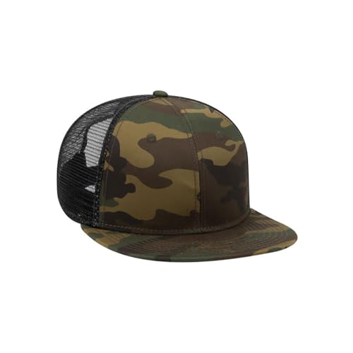 Ashen Fane 6 Panel Mid Profile Mesh Back Structured Trucker Adjustable Snapback Hat - color: Camo Dk.grn/Brn/Blk