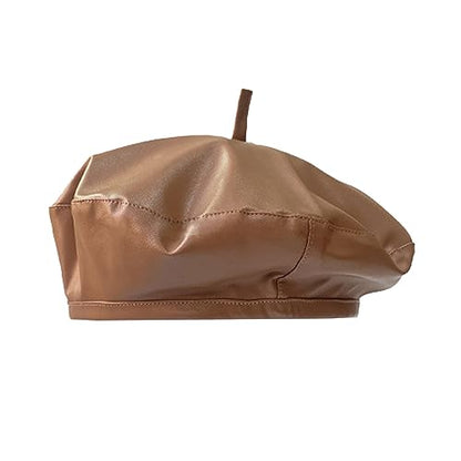 MINGSEECESS Women PU Leather French Black Beret Hat Causal Beanie Hat - color: Bright-brown