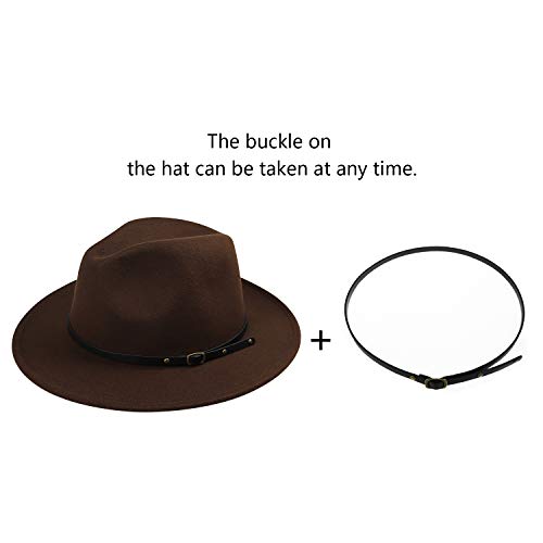 DRESHOW Women Classic Felt Fedora Wide Brim Floppy with Belt Buckle Panama Hat - color: 1 Pack: Felt Fedora Coffee