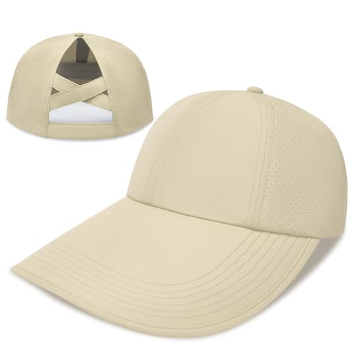 Women's Wide Brim Sun Hat with Ponytail Hole, UV Protection Criss Cross Sun Visor Hat, Lightweight & Quick-Drying Beach Cap - color: Beige