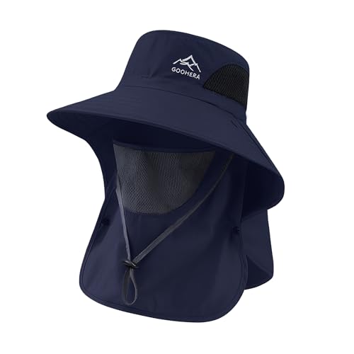Sun Hat for Men & Women, Breathable Wide Brim Outdoor Fishing Hat with Face Cover & Neck Flap - color: Dark Blue