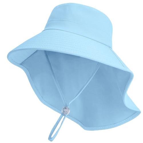 ZOORON Outdoor Kids Sun Hat with Neck Flap UPF 50+ Sun Protection Fishing Hat Wide Brim Summer Kids Beach Hats for Girls Boys - color: 1pack-light Blue