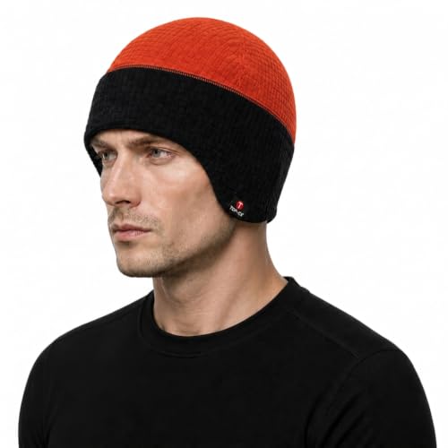 TOP-EX Waterproof Ear Flap Beanie for Men, Polartec Fleece Lined - color: Black & Orange, size: Medium-Large
