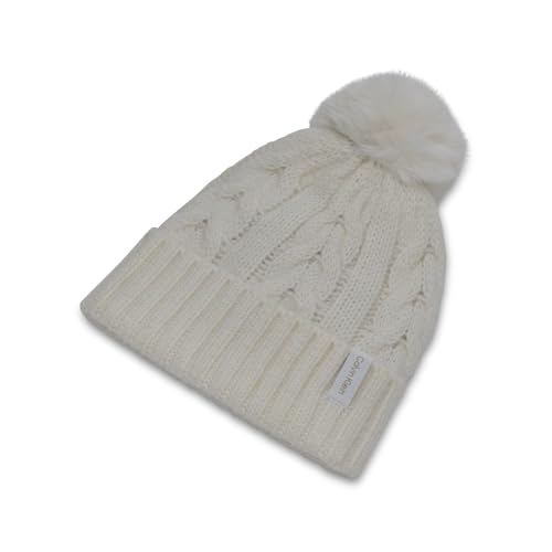 Calvin Klein Women's Cable Knit Beanie with Faux Fur Pom - color: Cream