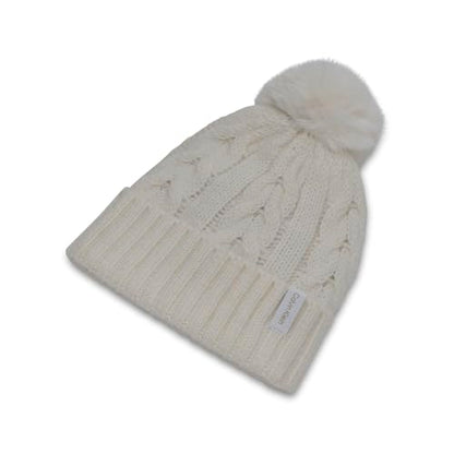 Calvin Klein Women's Cable Knit Beanie with Faux Fur Pom - color: Cream