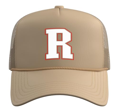 Initial R Monogram R Letter R Capital Alphabet Trucker Hat with Adjustable Mesh Back - color: Khaki