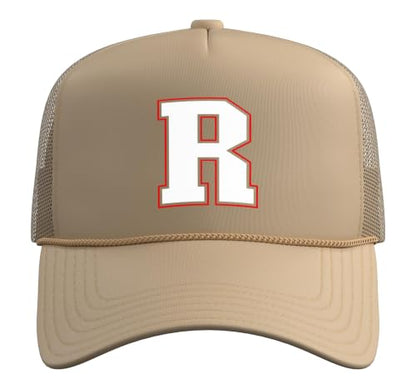 Initial R Monogram R Letter R Capital Alphabet Trucker Hat with Adjustable Mesh Back - color: Khaki