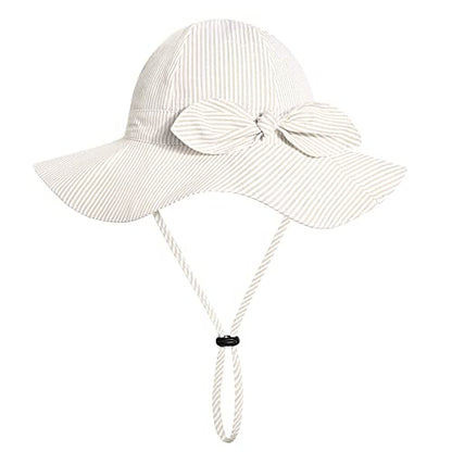 Baby Girl Sun Hat with UPF 50+ Outdoor Adjustable Beach Hat with Wide Brim Bucket Hats - color: Beige-stripe 1pcs, size: 2-3T