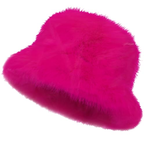 LA CARRIE Women's Fuzzy Wide Brim Faux Fur Bucket Hat Winter Fisherman Cap - color: Hot Pink