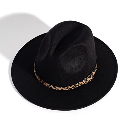 Women's Wide Brim Felt Fedora Panama Hat with Leopard - color: Black