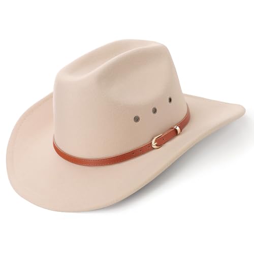 AQOKKA Western Cowboy Hats for Women Classic Felt Wide Brim Fedora Hat with Belt Buckle Retro Panama Hat Unisex Rolled up Cap - color: K-fedora Hat : Beige, size: Medium