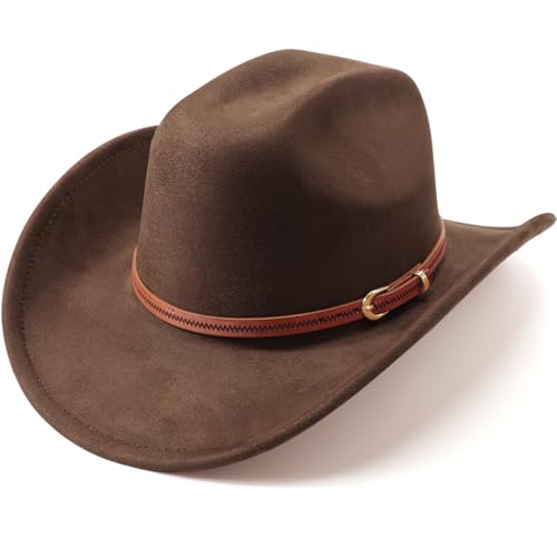 Western Cowboy Hats for Women Classic Felt Wide Brim Fedora Hat with Belt Buckle Retro Panama Hat Unisex Rolled up Cap - color: Suede Cowboy Hats : Coffee, size: Small