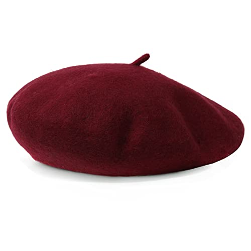 Women French Wool Beret Hats - Solid Color Classic Beanie Winter Cap - color: Wine Red