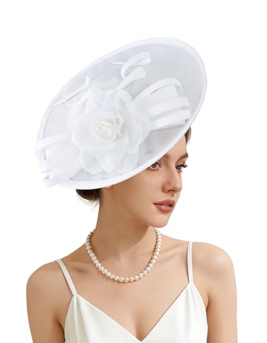 Unpifolov Fascinators Hats Elegant Women Flower Mesh Feathers Wedding Cocktail Bride Headband for Derby Hat Tea Party - color: White