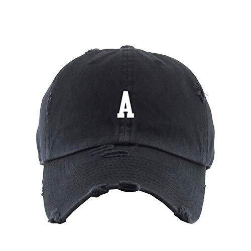 A Initial Letter Vintage Baseball Cap Embroidered Cotton Adjustable Distressed Dad Hat - color: Brush Black