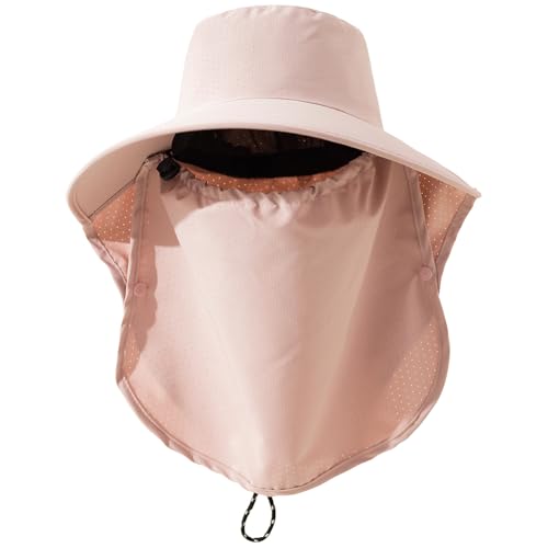 Mesh Breathable Sun Hat for Men,Women,Wide Brim UPF50+ with Neck Flap, Detachable Face Cover, Outdoor Fishing Sun Hat - color: Pale Pink