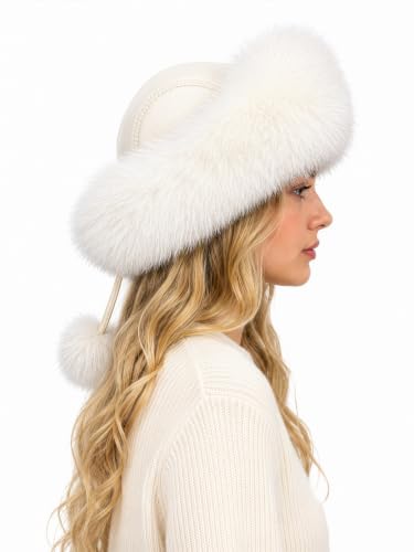 DLNYC Women’s Faux Leather Winter Hat with Faux Fur Trim, Soft Lined Cap with Hanging Cords & Pom-Poms, Warm Stylish Hat - color: White