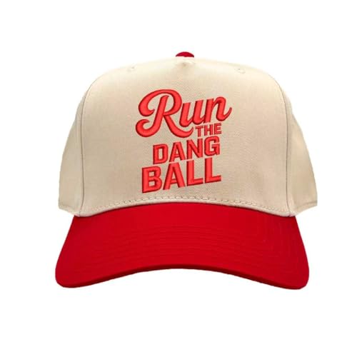 Run The Dang Ball Two Tone Baseball Hat Adjustable Baseball Cap for Streetwear, Tailgates, Rodeos & Festival Fashion - color: Natural Red