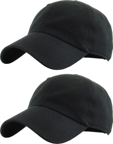 KBETHOS Classic Unisex Cotton Adjustable Low Crown Baseball Cap – Plain Dad Hat - color: Black + Black (2 Pack)