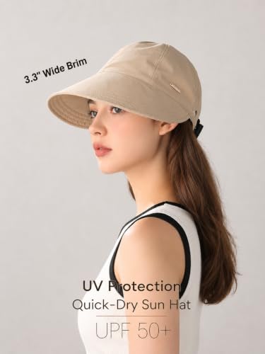 Women's Adjustable Ponytail Sun Hat, Wide Brim Summer Protection Cap - color: Khaki