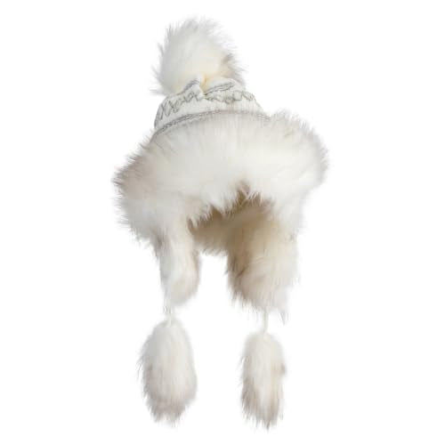 Cross Stitch Knit Fleece Lined Faux Fur Trapper Beanie Hat with String - color: Cream