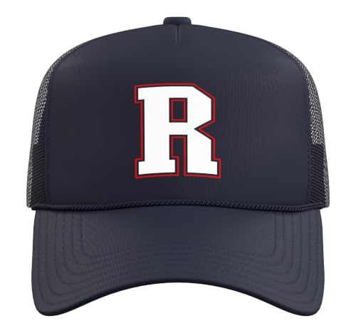 Initial R Monogram R Letter R Capital Alphabet Trucker Hat with Adjustable Mesh Back - color: Navy Blue